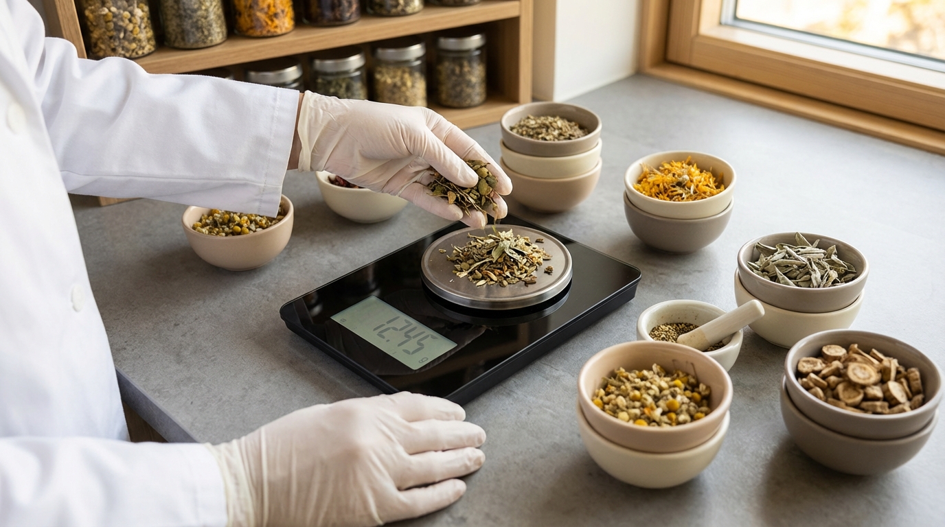 Precision herbal preparation with dried herbs measured on scales in a clinical formulation environment