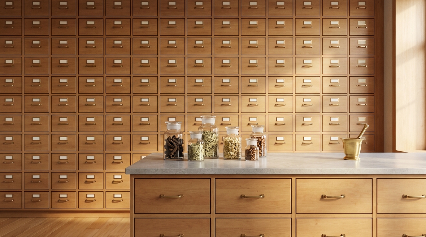 Traditional Chinese Medicine apothecary wall with heritage wooden drawers and glass jars of dried herbs