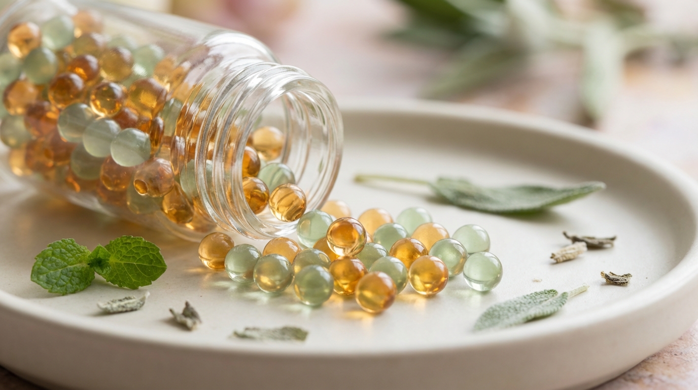 NanoActives precision micro-bead supplements in amber and sage-green tones