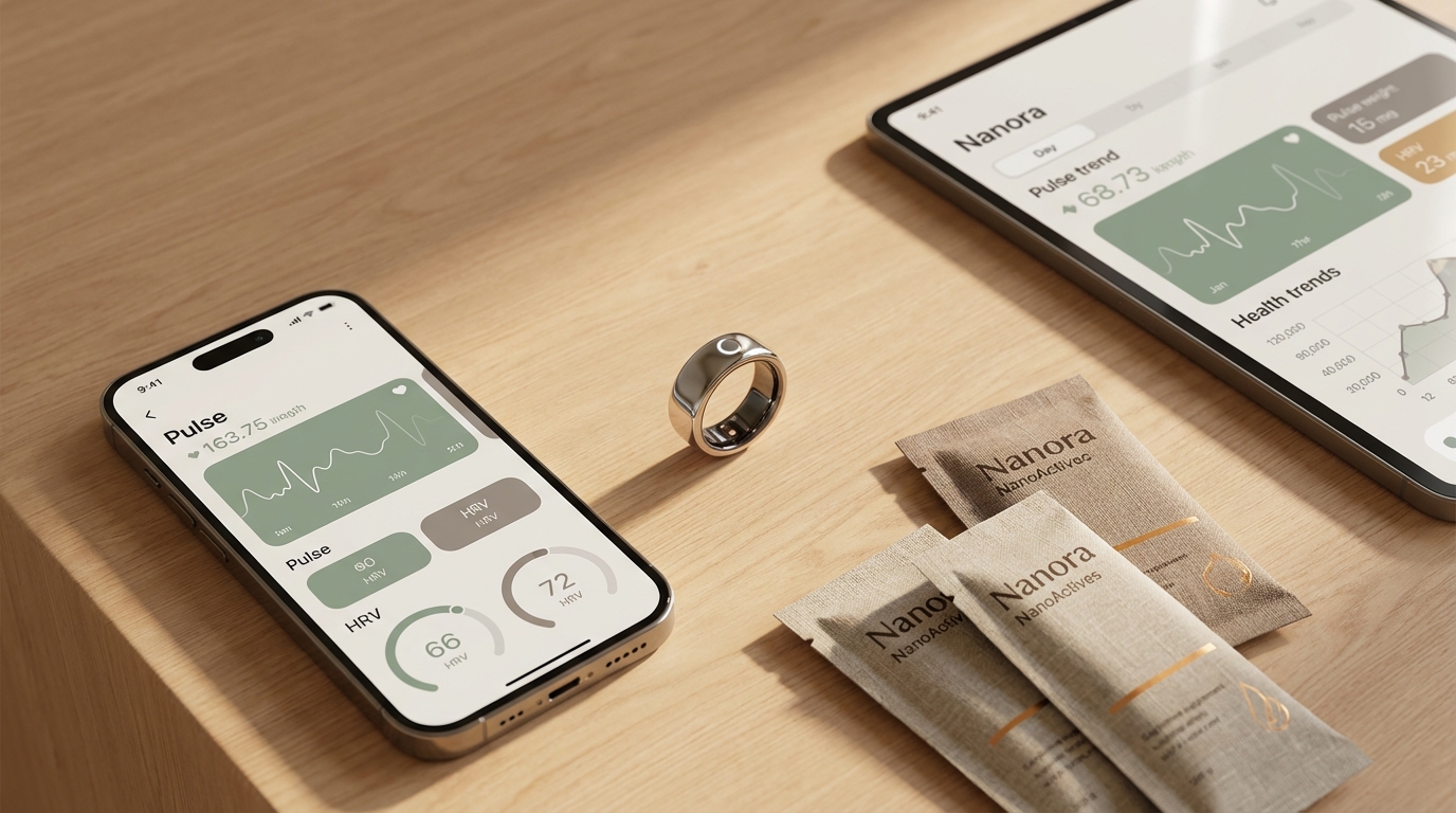 Wearable health technology ecosystem showing the convergence of smart rings, health apps, and adaptive supplements