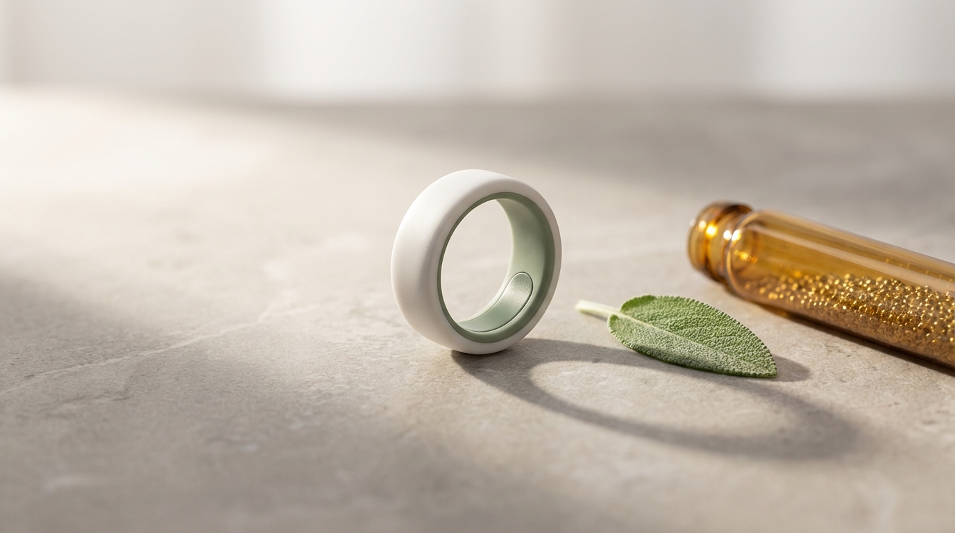 Mere Pulse smart ring showing the tri-wavelength PPG sensor array and premium titanium construction