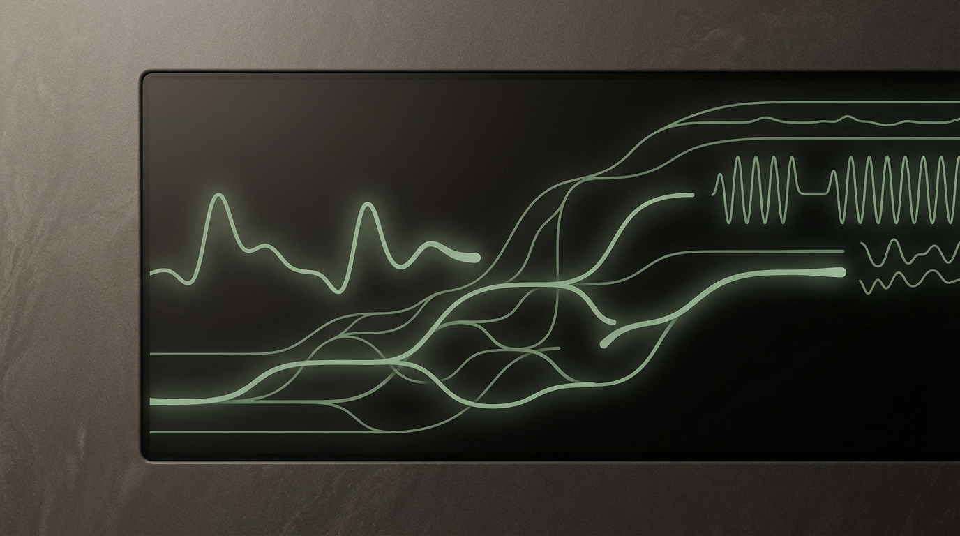 Biometric data stream visualization from Mere Pulse showing flowing pulse waveforms and health metrics